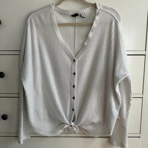 White Waffle Knit Thermal Oversized Knot Front Long Sleeve Tee Shirt